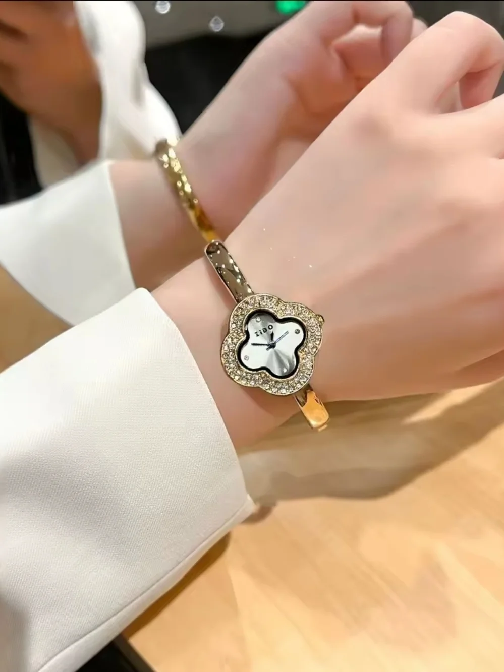Gold tone Floral Crystal Bangle Watch with White Dial